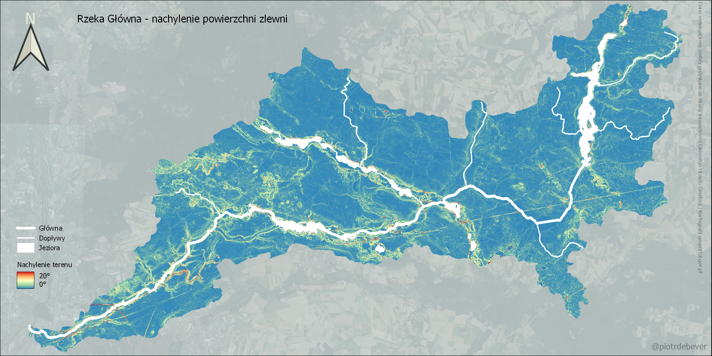 Mapa nachylenia zlewni Rzeki Głównej - analiza GIS